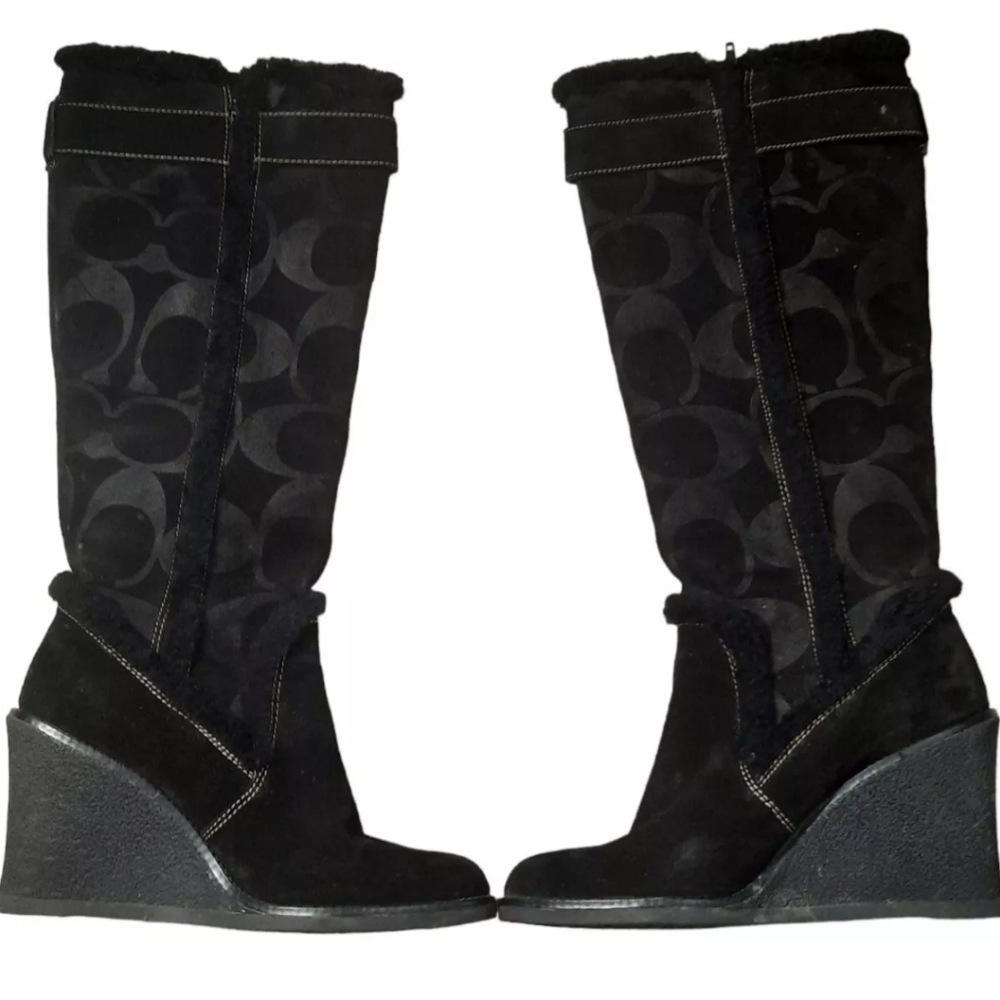 COACH Jonie Sz 9M Black Suede & Shearling Wedge Knee-High Monogram  Boots In EUC